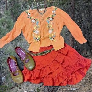 Orange Floral Cardigan with Red Ruffled Skirt